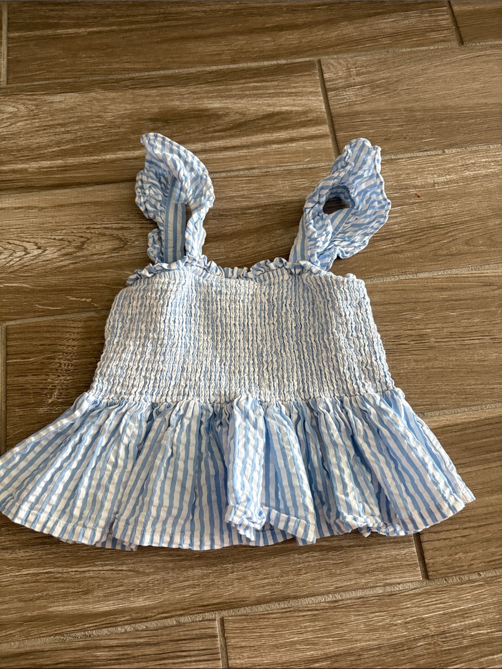 Girls Light Blue & White Striped Smocked Ruffle Tank Top